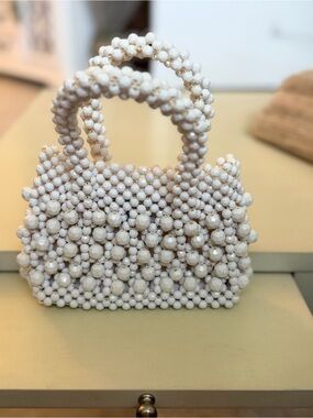 Vintage Hand Crafted White Beaded Mini Tote